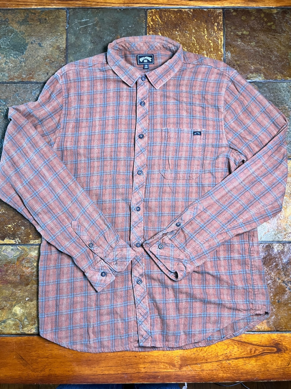 Billabong Men's Rust and Blue Plaid Button-Down Shirt-large